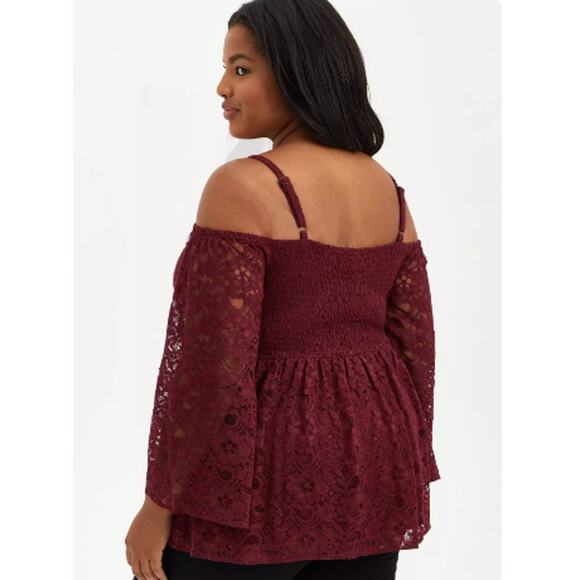 Torrid Burgundy Babydoll Lace Smocked Cold Shoulder Top Size 2 Plus Size - Picture 9 of 9